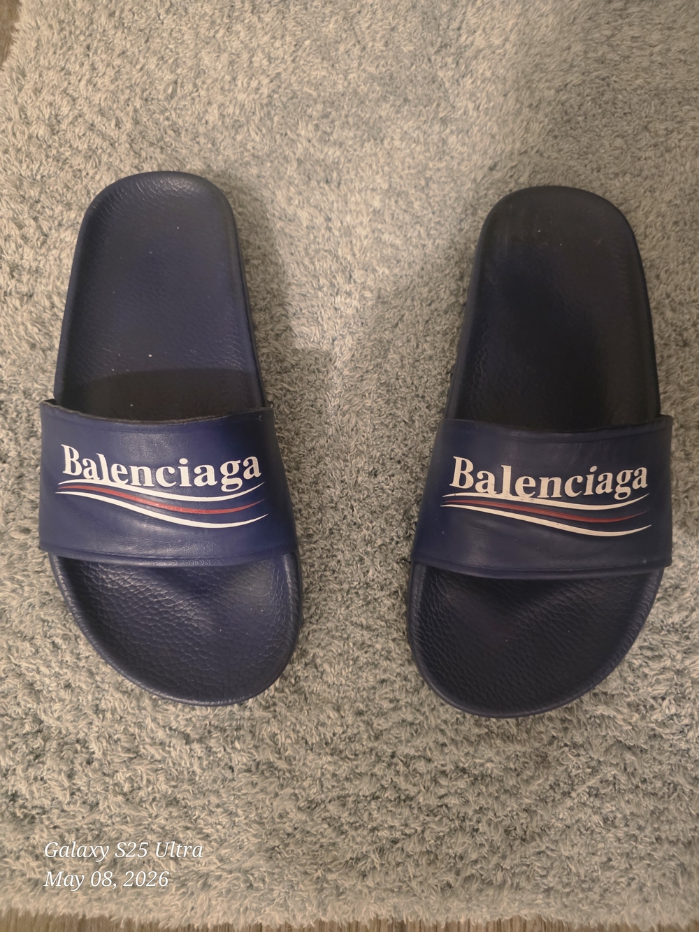 Balenciaga Navy Blue Logo Slide Sandals